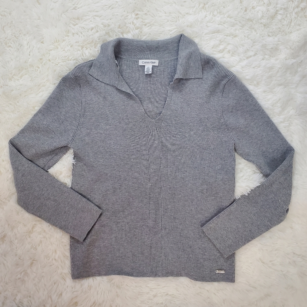 Calvin Klein Size L Gray Ribbed Knit V-Neck Polo Collar Long Sleeve Sweater